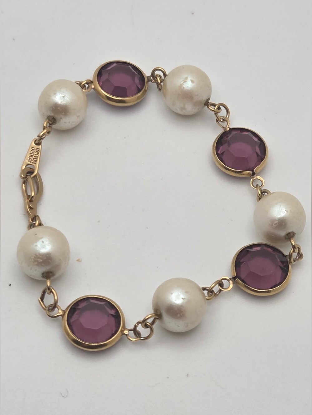 Vintage 1928 Orolay 18K Gold Plated Purple Crystal Faux Pearl Link Bracelet